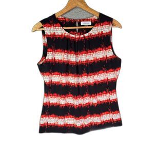 Calvin Klein Sleeveless Blouse Large Orange Black White Ruched Neck Top